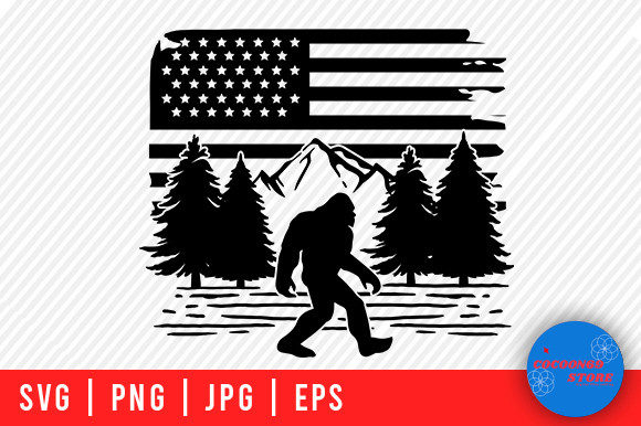 Bigfoot in the Forest American Flag Svg: Graphics & Crafts