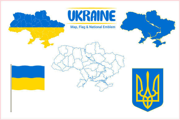 Ukraine Map, Flag and National Emblem Graphics