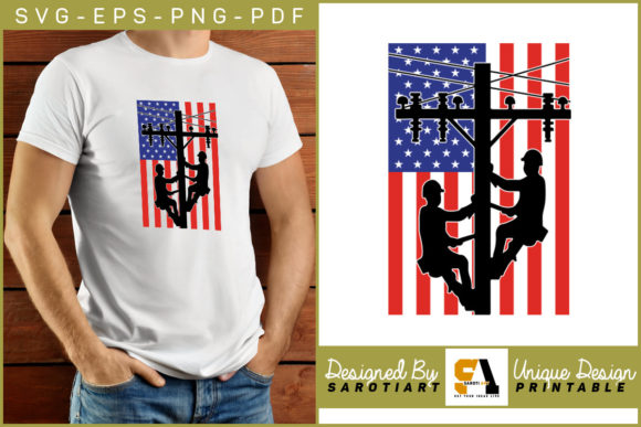 USA Flag with Lineman Silhouette Vector